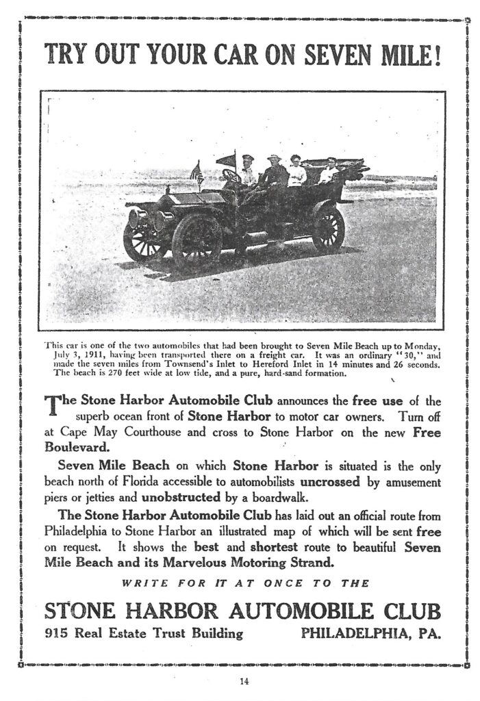 Black-and-white advertisement with the headline “Try Out Your Car on Seven Mile!” showing an early open automobile carrying four passengers driving on the beach. The text promotes Stone Harbor as an accessible destination for motorists and advertises a free illustrated route map from Philadelphia.
