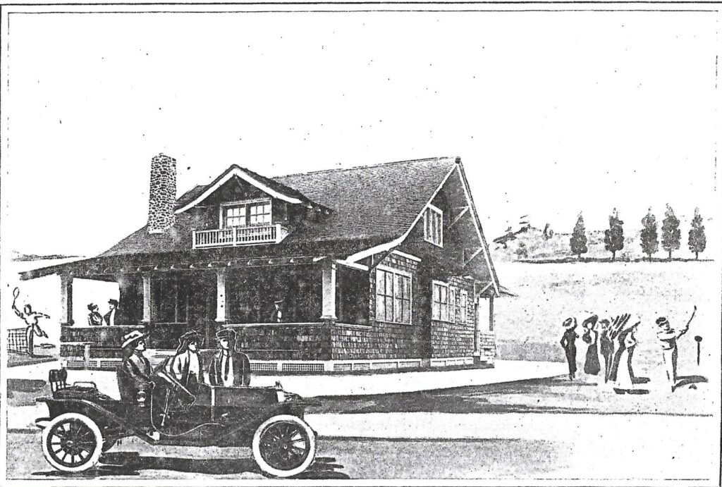 Black-and-white illustration of the Stone Harbor Country Club, a large shingled clubhouse with a wide porch and central chimney. In the foreground, an early automobile with seated passengers arrives while several golfers stand on the lawn at right.