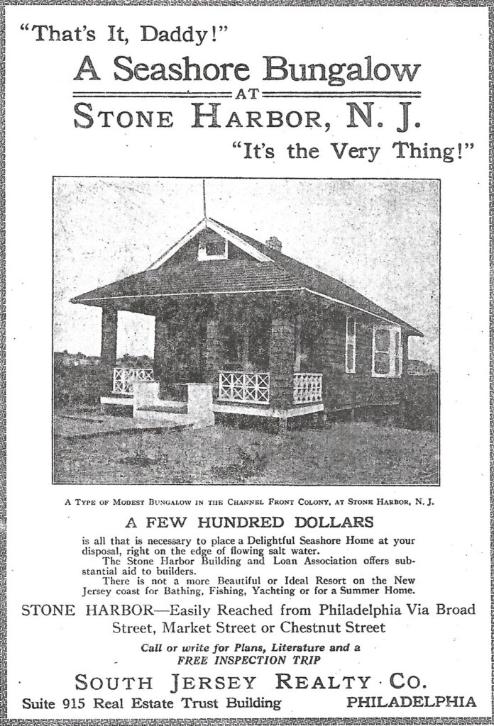 Black-and-white advertisement titled “That’s It, Daddy! A Seashore Bungalow at Stone Harbor, N.J.” The central image shows a modest bungalow with a covered porch and decorative railing, promoted as an affordable summer home.