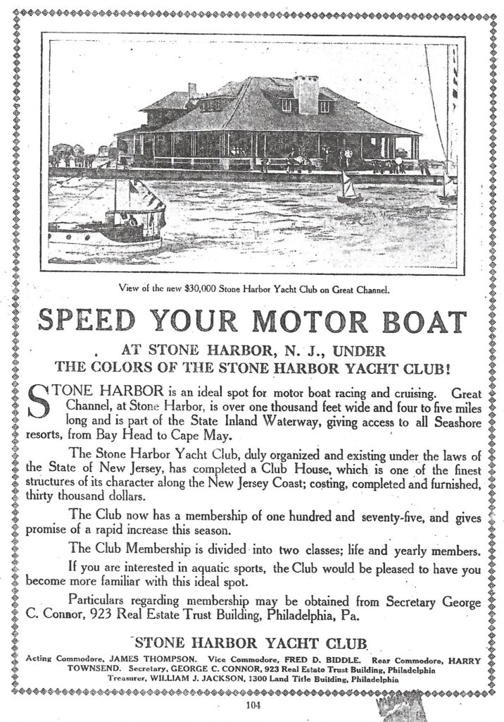 Black-and-white advertisement for the Stone Harbor Yacht Club with the headline “Speed Your Motor Boat at Stone Harbor, N.J., Under the Colors of the Stone Harbor Yacht Club!” The page features an illustration of the yacht club on the Great Channel and text promoting boating, club membership, and the inland waterway.