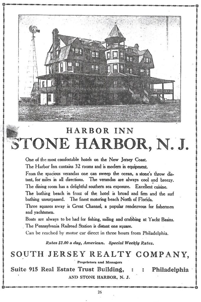 Black-and-white advertisement for the Harbor Inn in Stone Harbor, New Jersey. The image shows a large multi-story shingled hotel with broad verandas, dormers, chimneys, and a corner tower, presented as one of the most comfortable hotels on the New Jersey coast.