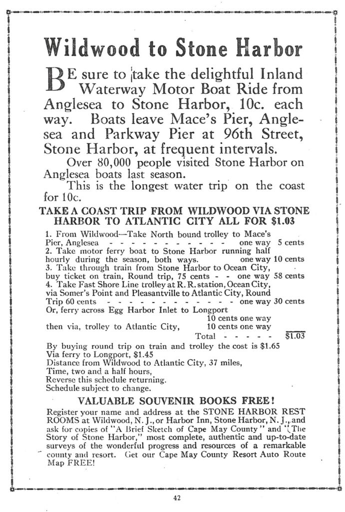 Black-and-white advertisement titled “Wildwood to Stone Harbor” promoting an inland waterway motor boat ride from Anglesea to Stone Harbor for ten cents each way. The page includes travel directions, fares, and promotional text for souvenir books and route maps.