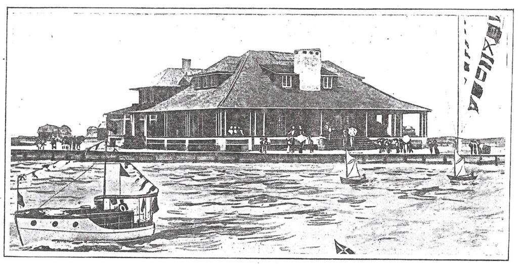 Black-and-white illustration of the Stone Harbor Yacht Club seen from the water. The long clubhouse sits beside the channel with sailboats in the foreground and people gathered along the porch and shoreline.