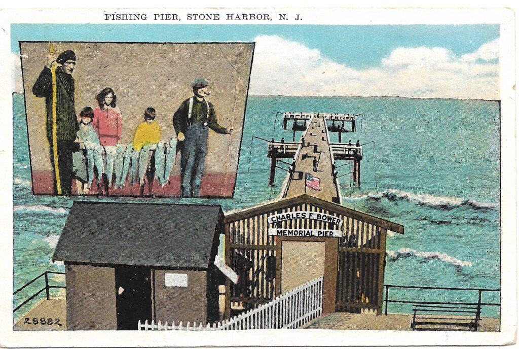  Color postcard titled "Fishing Pier, Stone Harbor, N. J." showing the Charles F. Bower Memorial Pier extending into the ocean with two expanded platform areas, a bait shop at the entrance, and an inset photo of three children and two fishermen displaying a string of caught fish.