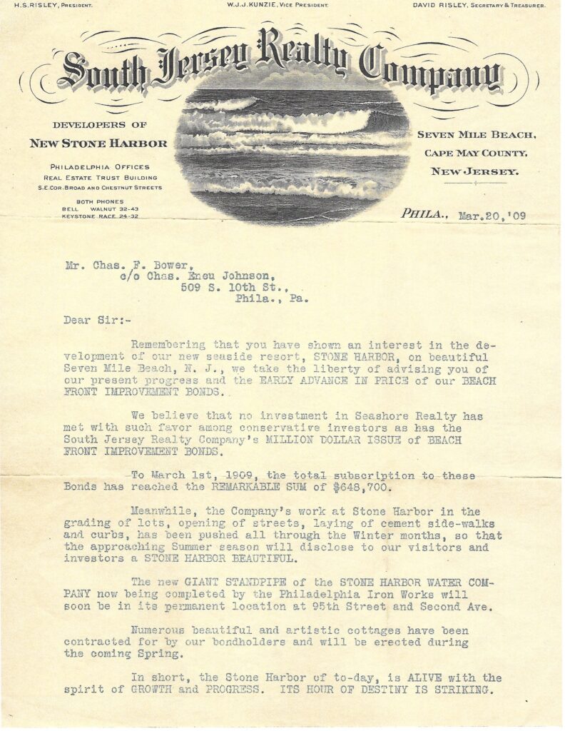 Page one of a typewritten letter on ornate South Jersey Realty Company letterhead, dated "Mar. 20, '09," addressed to Mr. Chas. F. Bower of Philadelphia, with an ocean scene vignette in the letterhead and text promoting Beach Front Improvement Bonds.