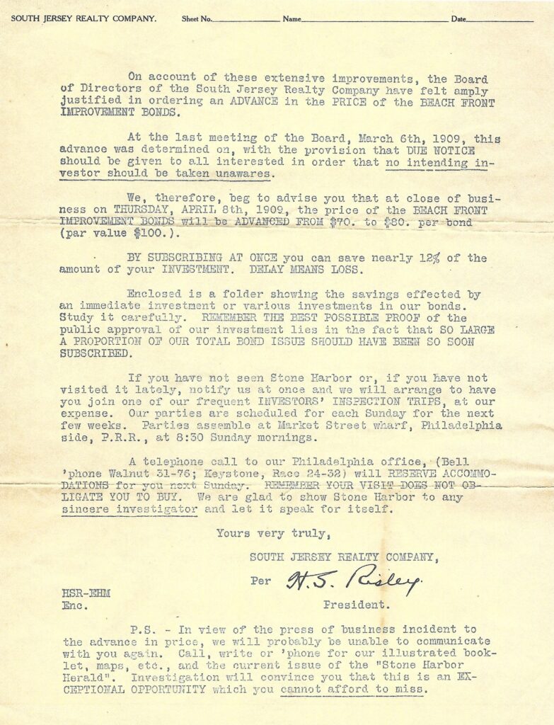 Page two of the same South Jersey Realty Company letter, continuing details about bond prices and investment opportunities, signed by H. S. Risley as President, with a handwritten postscript at the bottom.
