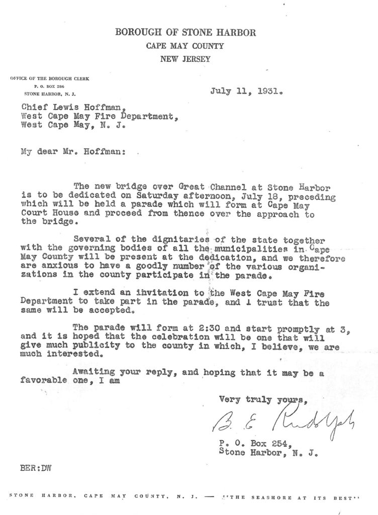 Typewritten letter on Borough of Stone Harbor, Cape May County letterhead dated July 11, 1931, from B. E. Rudolph to Chief Lewis Hoffman of the West Cape May Fire Department, inviting participation in a parade for the dedication of a new bridge, signed with a handwritten signature.