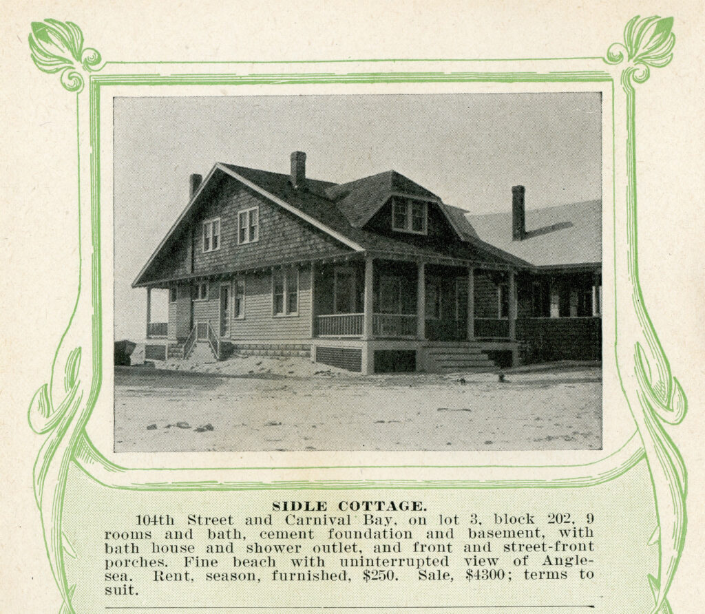 Printed real estate listing with a decorative green border, showing a photograph of a large shingled cottage with two chimneys, a wrap-around porch, and dormer windows. The listing below identifies it as "Sidle Cottage" at 104th Street and Carnival Bay.