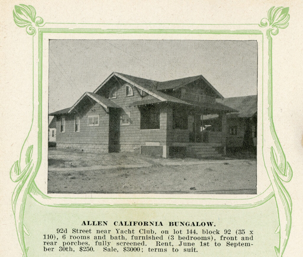 Alt text: Printed real estate listing with a decorative green border, showing a photograph of a low-profile Craftsman-style bungalow with wide overhanging eaves, exposed rafters, a prominent front-facing gable, and screened porches. The listing below identifies it as "Allen California Bungalow" at 92nd Street near the Yacht Club.