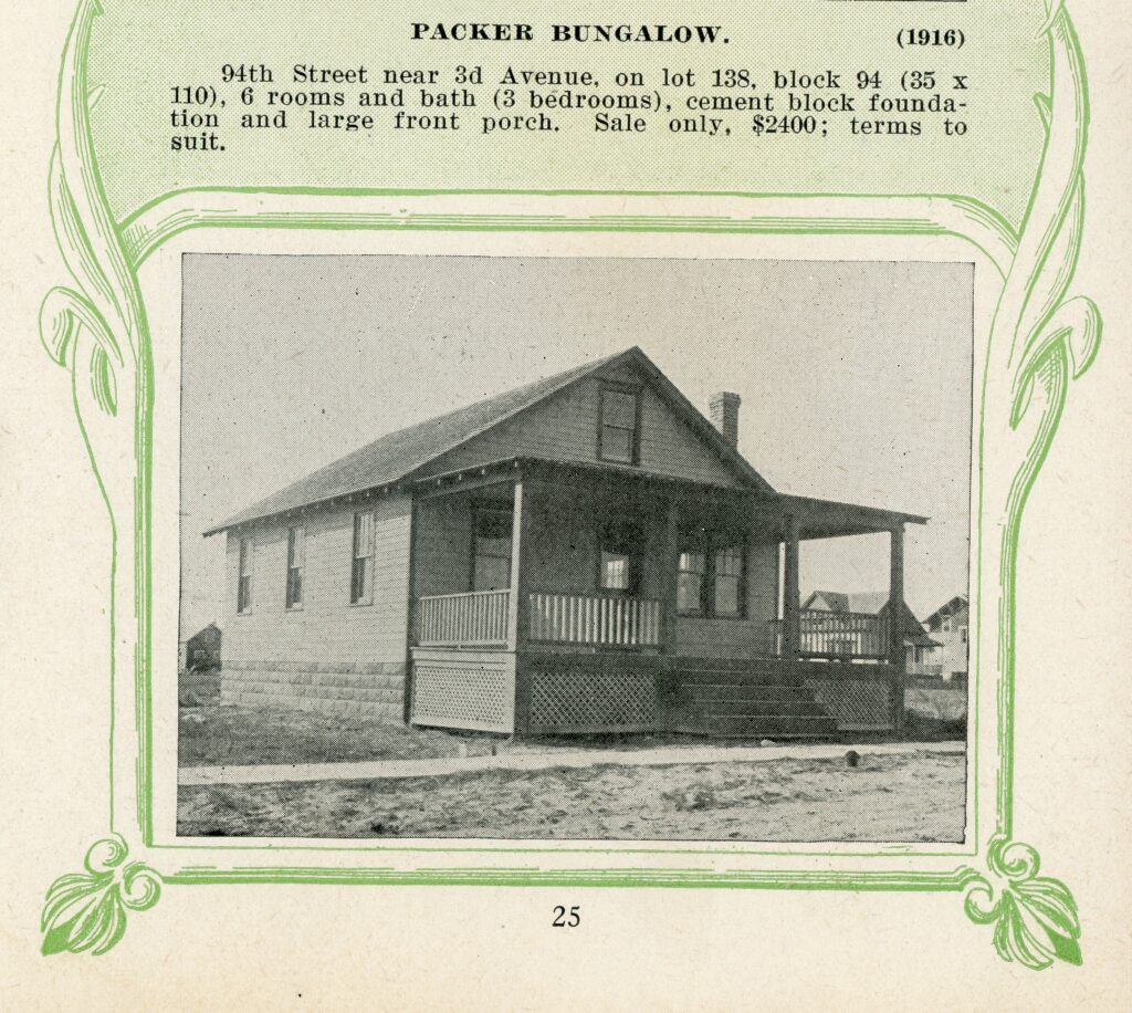 Printed real estate listing with a decorative green border, showing a photograph of a small single-story bungalow with a front porch, cement block foundation, and a chimney. The listing above identifies it as "Packer Bungalow (1916)" at 94th Street, with page number 25 printed at the bottom.