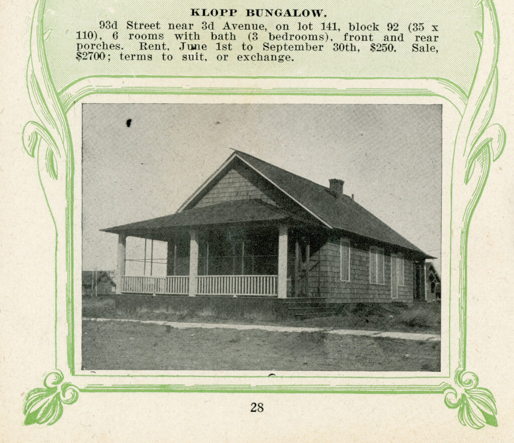 Printed real estate listing with a decorative green border, showing a photograph of a single-story bungalow with a front-facing gable, wrap-around porch with railing and columns, and a chimney. The listing above identifies it as "Klopp Bungalow" at 93rd Street, with page number 28 printed at the bottom.