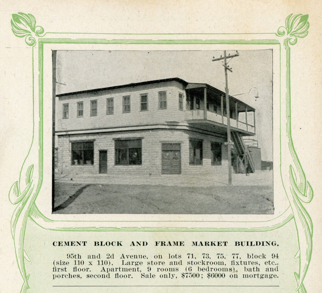 Printed real estate listing with a decorative green border, showing a photograph of a two-story commercial building with a cement block first floor featuring large storefront windows and a frame second floor with a long porch and railing. A utility pole stands beside the building. The listing below identifies it as "Cement Block and Frame Market Building" at 95th and 2nd Avenue in Stone Harbor NJ.