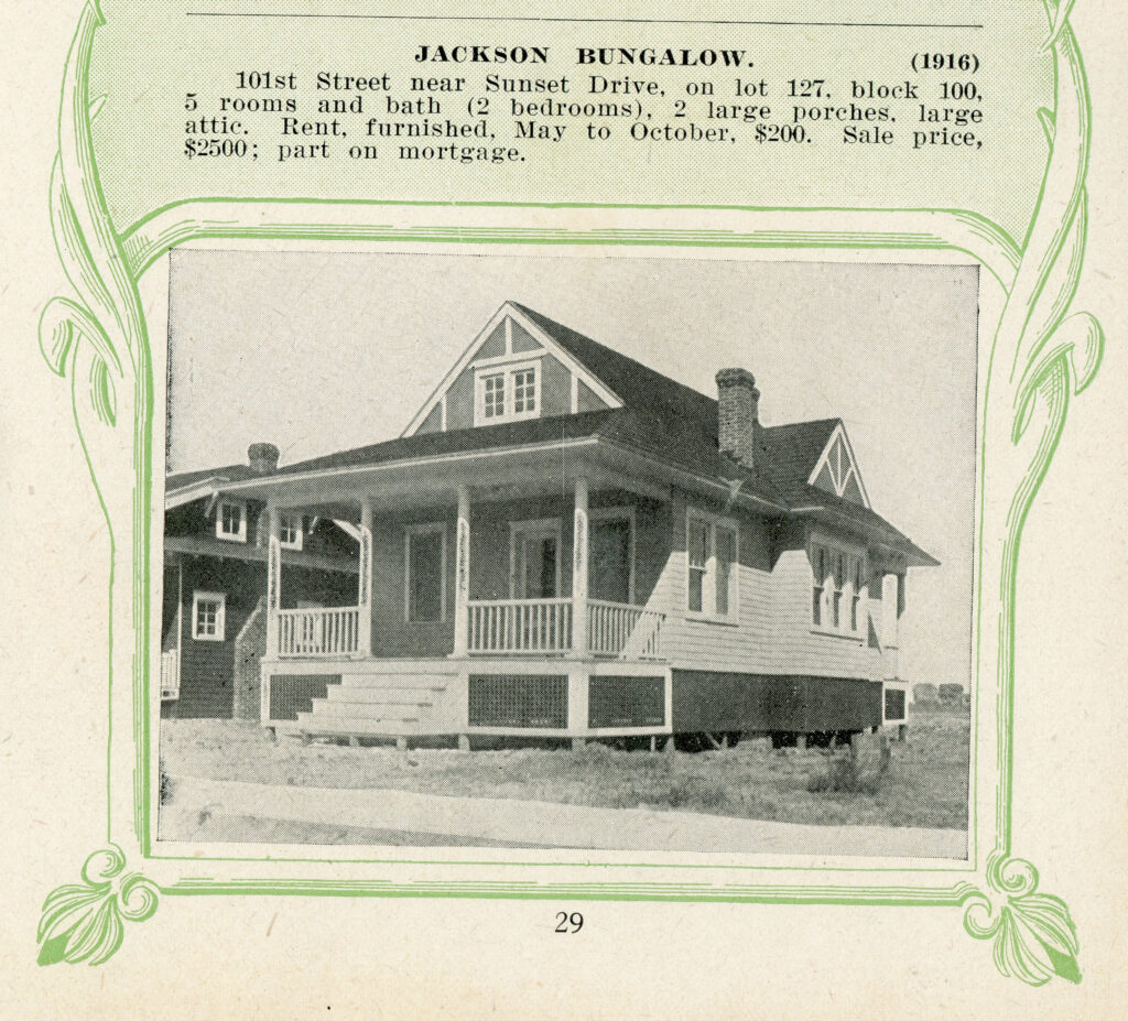 Printed real estate listing with a decorative green border, showing a photograph of a bungalow with a large front porch, decorative gable trim, a brick chimney, and dormer windows. The listing above identifies it as "Jackson Bungalow (1916)" at 101st Street, with page number 29 printed at the bottom.
