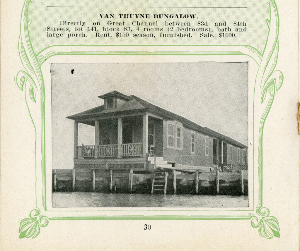 Printed real estate listing with a decorative green border, showing a photograph of a small single-story bungalow elevated on pilings with a front porch supported by columns, decorative railing, and a small stairway leading up. The listing above identifies it as "Van Thuyne Bungalow" on the Great Channel between 83rd and 84th Streets in Stone Harbor, NJ, with page number 30 printed at the bottom.